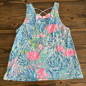 Women's Lilly Pulitzer Blue Pink Floral Criss-Cross Back Tank Top Resort Summer